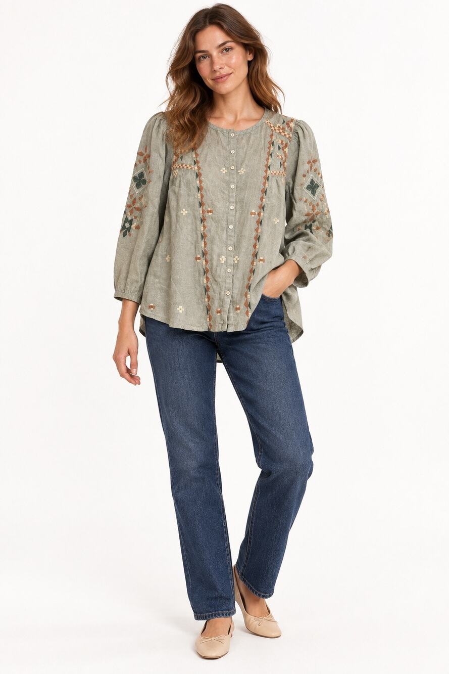 Wrap London Embroidered 100% Linen Boho Blouse Green Women’s US 8